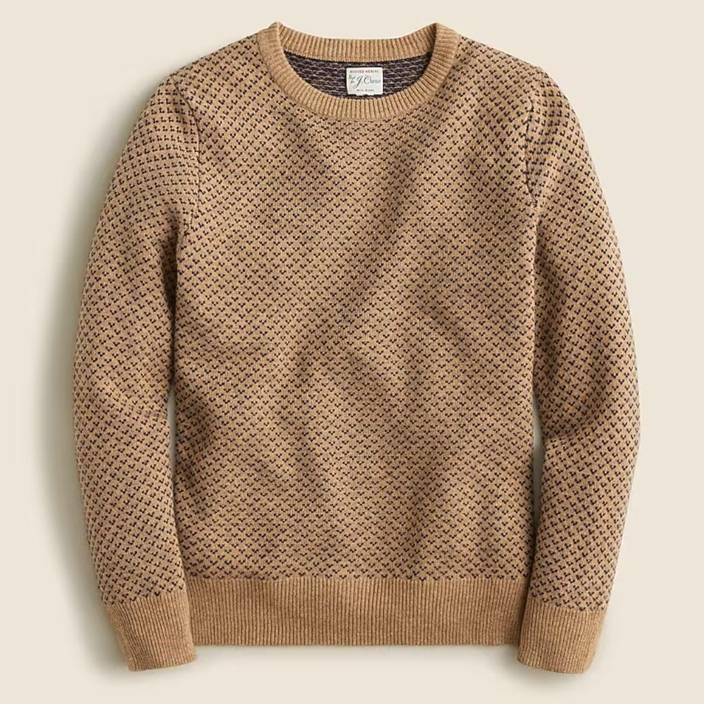 NWT JCrew Rugged Merino Wool Blend Sweater Bird's Eye Tan Crew Pullover Large